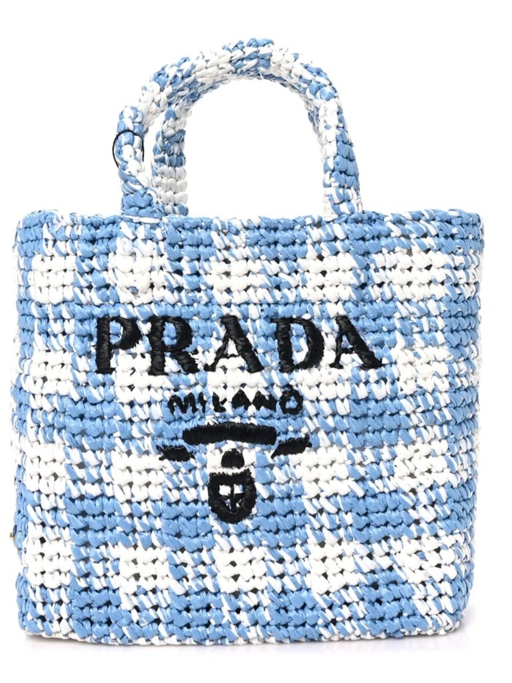 Prada Yarn Raffia Effect Crochet Embroidered Small Logo Tote Celeste Shopper